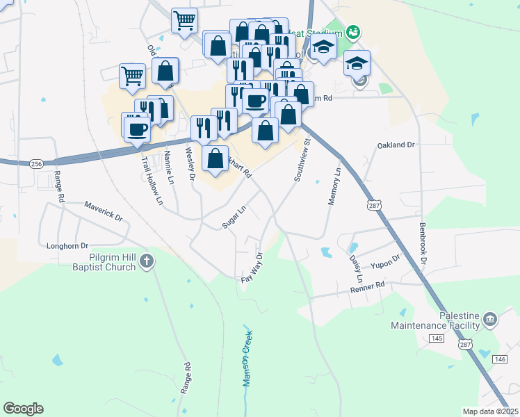map of restaurants, bars, coffee shops, grocery stores, and more near 1010 Sugar Lane in Palestine