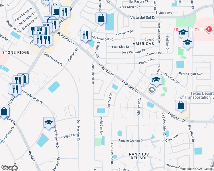 map of restaurants, bars, coffee shops, grocery stores, and more near 1365 James Dudley Drive in El Paso