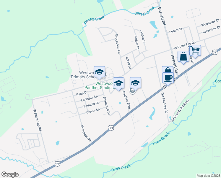 map of restaurants, bars, coffee shops, grocery stores, and more near 110 Edna Drive in Palestine