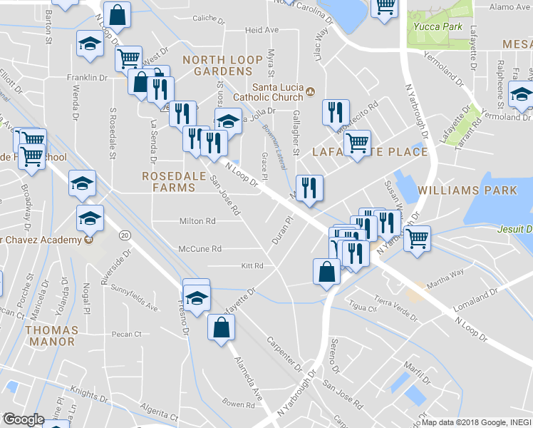 map of restaurants, bars, coffee shops, grocery stores, and more near 425 Bates Way in El Paso