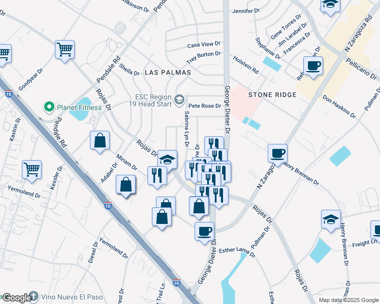map of restaurants, bars, coffee shops, grocery stores, and more near 1332 Sabrina Lyn Drive in El Paso