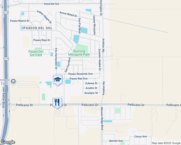 map of restaurants, bars, coffee shops, grocery stores, and more near 12629 Paseo Rosannie Avenue in El Paso