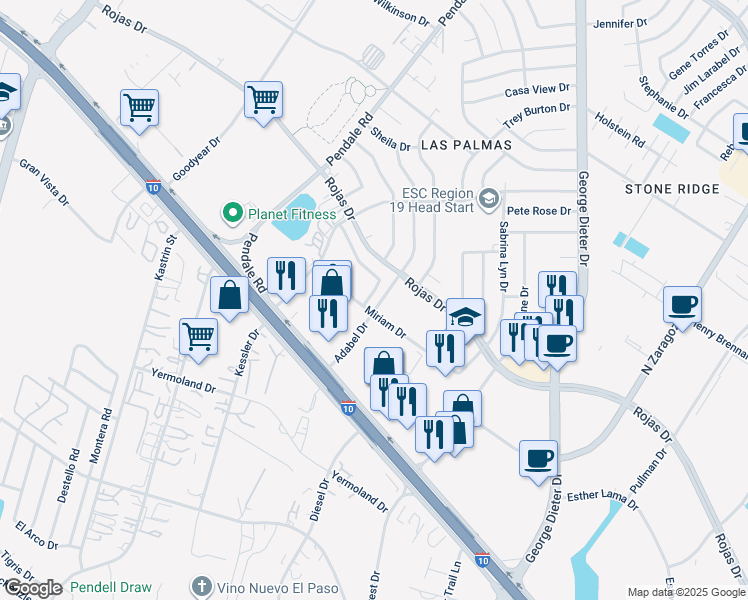 map of restaurants, bars, coffee shops, grocery stores, and more near 11731 Dos Palmas Drive in El Paso