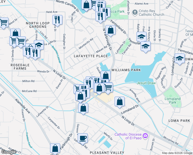 map of restaurants, bars, coffee shops, grocery stores, and more near 8033 Floyd Way in El Paso