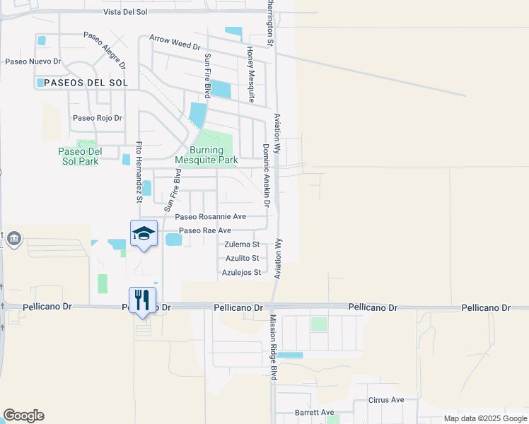 map of restaurants, bars, coffee shops, grocery stores, and more near 12665 Paseo Rosannie Avenue in El Paso