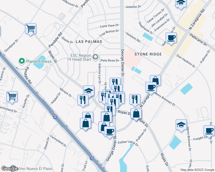 map of restaurants, bars, coffee shops, grocery stores, and more near 1348 Trudy Elaine Drive in El Paso