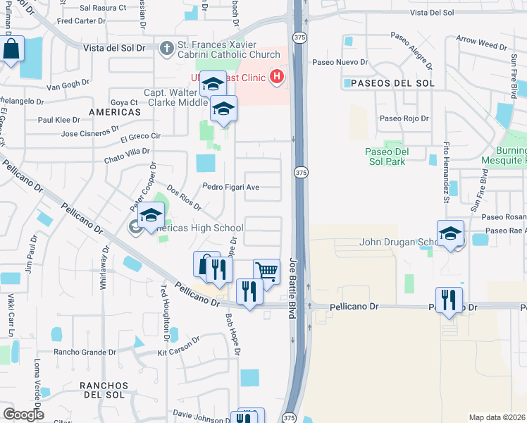 map of restaurants, bars, coffee shops, grocery stores, and more near 12303 Amstater Circle in El Paso
