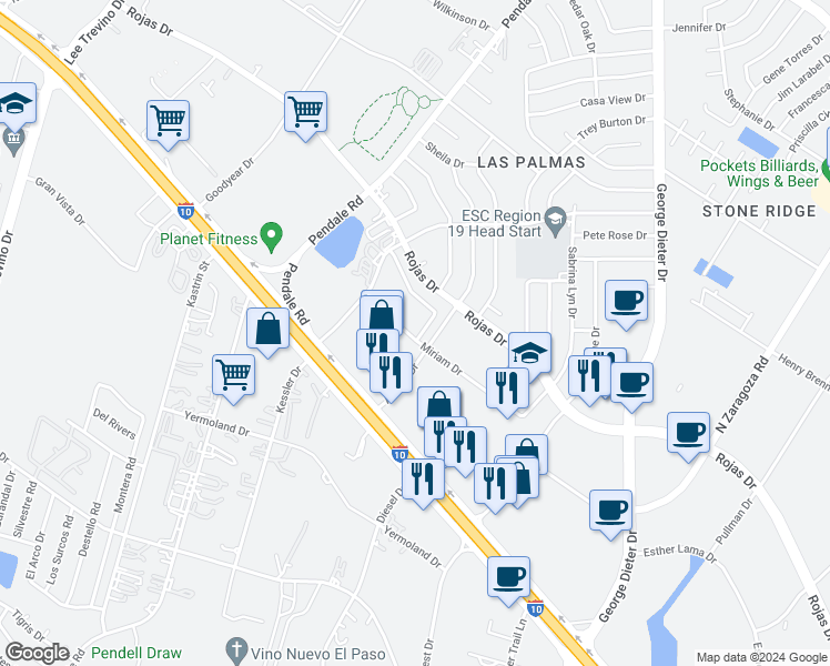 map of restaurants, bars, coffee shops, grocery stores, and more near 11731 Dos Palmas Drive in El Paso
