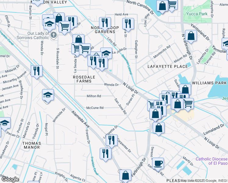 map of restaurants, bars, coffee shops, grocery stores, and more near 7912 San Jose Road in El Paso