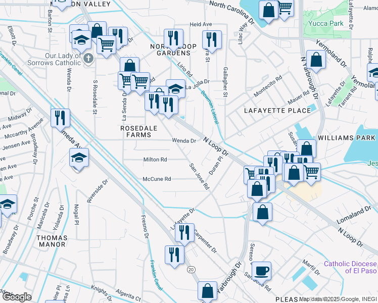 map of restaurants, bars, coffee shops, grocery stores, and more near 7917 San Jose Road in El Paso