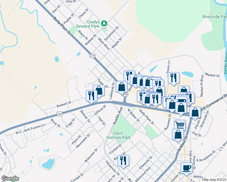 map of restaurants, bars, coffee shops, grocery stores, and more near 406 Lakeway Drive in Brownwood