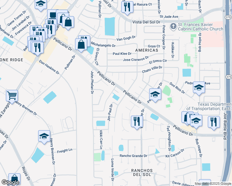 map of restaurants, bars, coffee shops, grocery stores, and more near 12068 Robert Kirtley Drive in El Paso