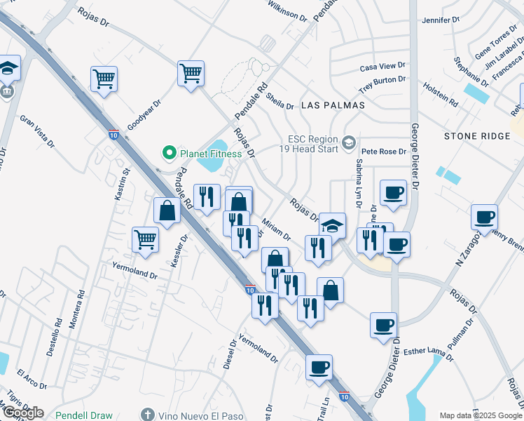 map of restaurants, bars, coffee shops, grocery stores, and more near 11731 Dos Palmas Drive in El Paso