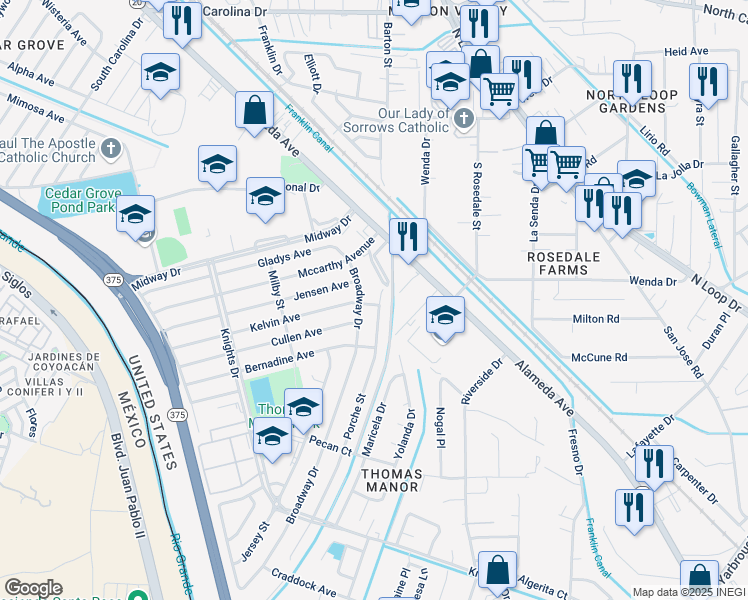 map of restaurants, bars, coffee shops, grocery stores, and more near 7733 Broadway Drive in El Paso