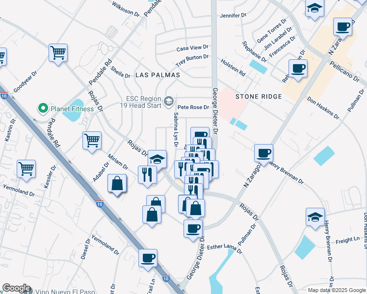 map of restaurants, bars, coffee shops, grocery stores, and more near 1332 Sabrina Lyn Drive in El Paso