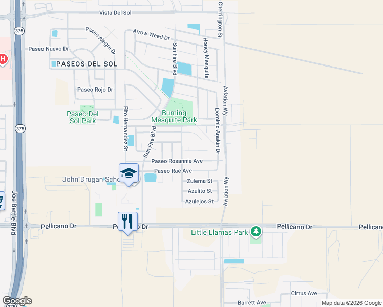 map of restaurants, bars, coffee shops, grocery stores, and more near 12629 Paseo Rosannie Avenue in El Paso