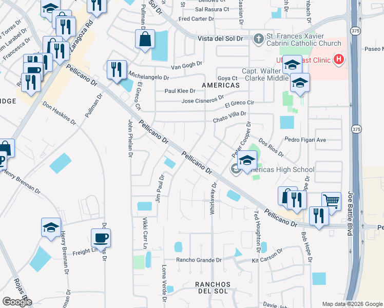 map of restaurants, bars, coffee shops, grocery stores, and more near 1400 Michelangelo Drive in El Paso