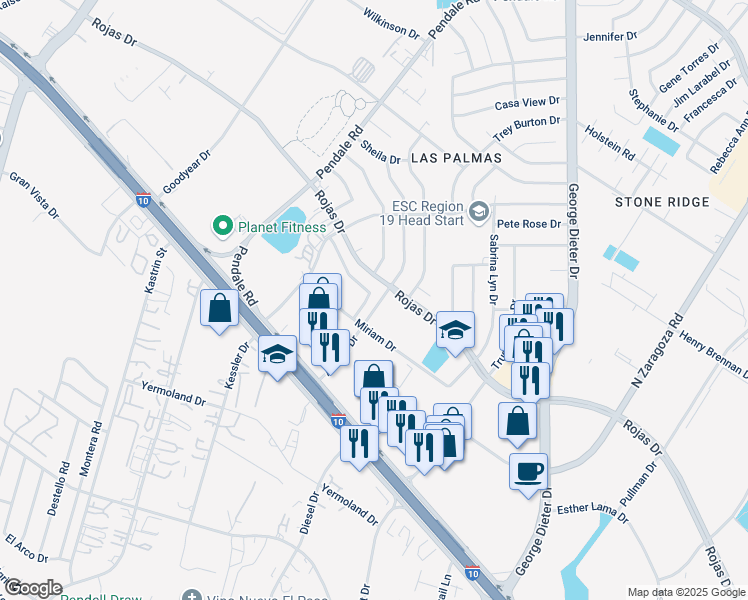 map of restaurants, bars, coffee shops, grocery stores, and more near 11714 Dos Palmas Drive in El Paso