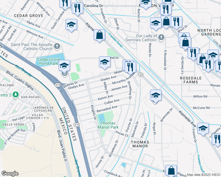 map of restaurants, bars, coffee shops, grocery stores, and more near 248 Jensen Avenue in El Paso
