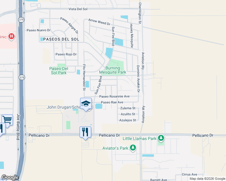 map of restaurants, bars, coffee shops, grocery stores, and more near 1321 Sun Kings Street in El Paso