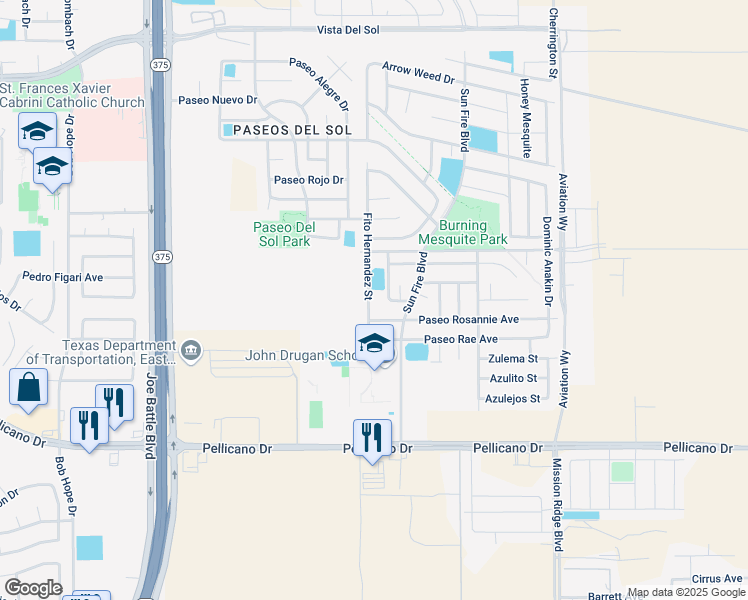 map of restaurants, bars, coffee shops, grocery stores, and more near 1320 Fito Hernandez Street in El Paso