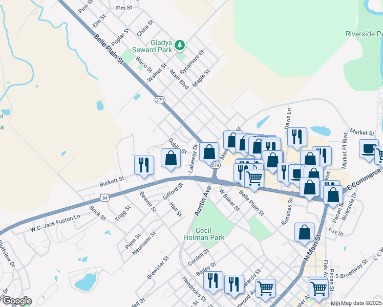 map of restaurants, bars, coffee shops, grocery stores, and more near 406 Lakeway Drive in Brownwood