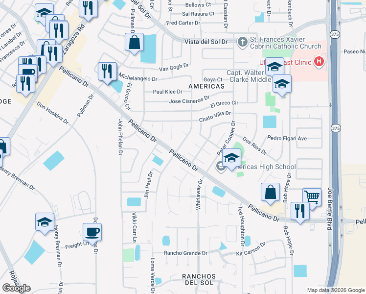 map of restaurants, bars, coffee shops, grocery stores, and more near 1400 Michelangelo Drive in El Paso