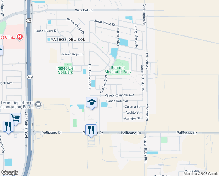 map of restaurants, bars, coffee shops, grocery stores, and more near 1325 Noble Path Place in El Paso