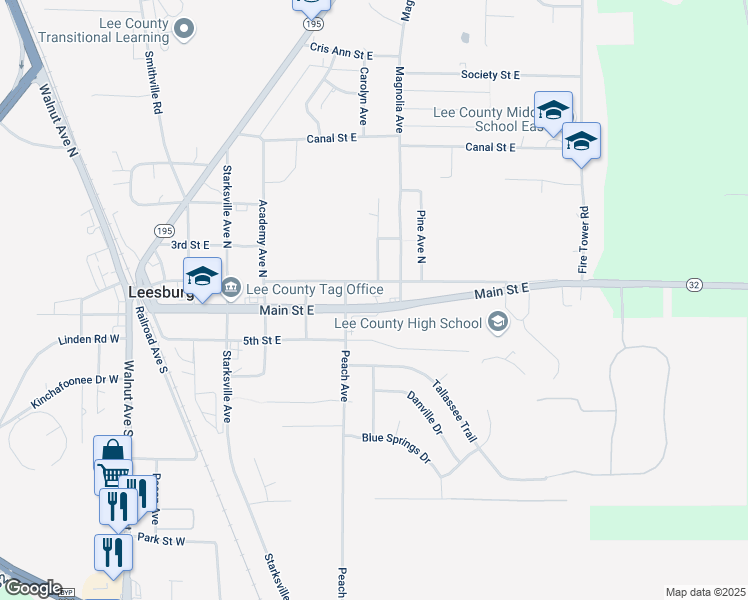 map of restaurants, bars, coffee shops, grocery stores, and more near 239 4th Street in Leesburg