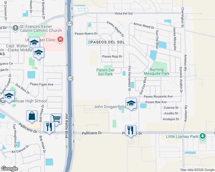 map of restaurants, bars, coffee shops, grocery stores, and more near Paseo Grande Street in El Paso