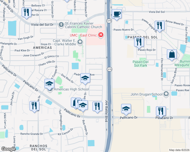 map of restaurants, bars, coffee shops, grocery stores, and more near 12223 Pedro Figari Avenue in El Paso
