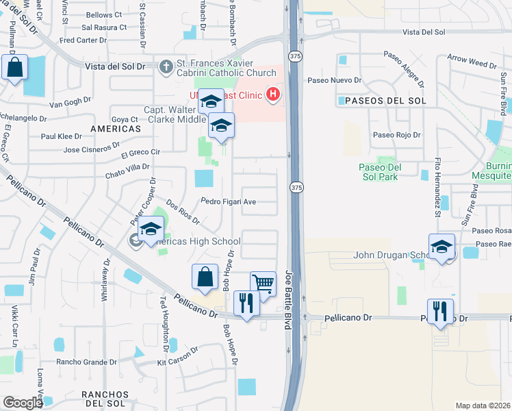 map of restaurants, bars, coffee shops, grocery stores, and more near 12223 Pedro Figari Avenue in El Paso