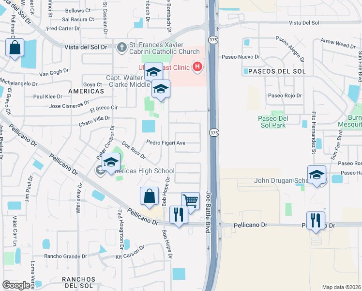 map of restaurants, bars, coffee shops, grocery stores, and more near 12223 Pedro Figari Avenue in El Paso