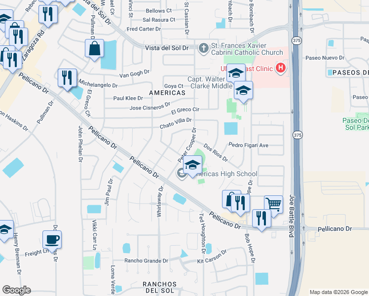 map of restaurants, bars, coffee shops, grocery stores, and more near 12084 Dos Rios Drive in El Paso