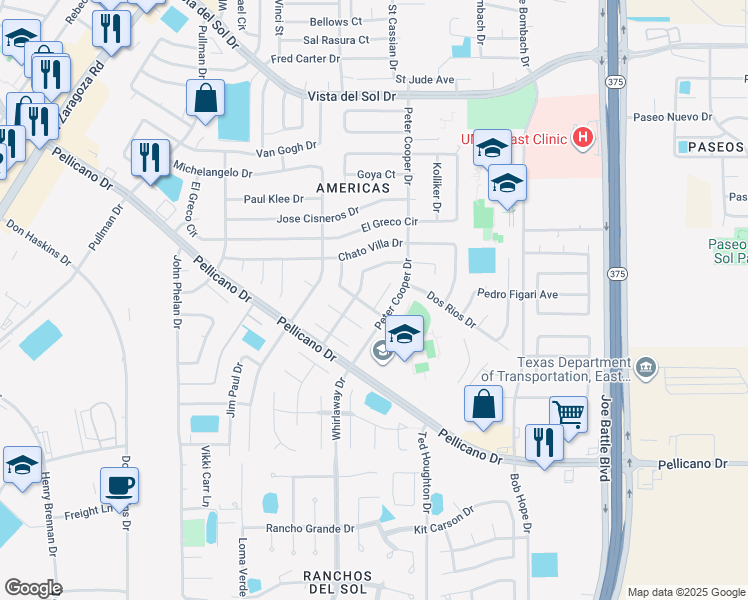 map of restaurants, bars, coffee shops, grocery stores, and more near 1452 Missy Yvette Drive in El Paso