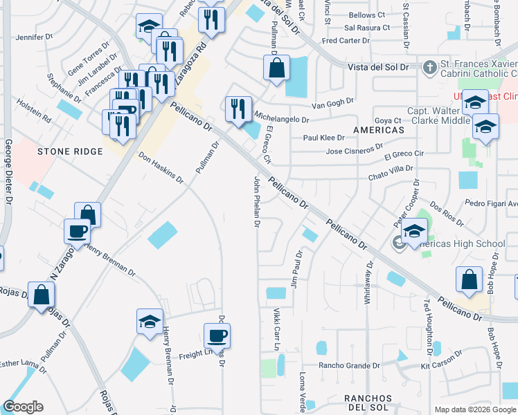 map of restaurants, bars, coffee shops, grocery stores, and more near 1413 Rudy Montoya Drive in El Paso