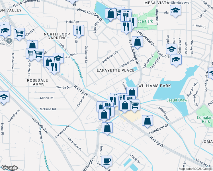 map of restaurants, bars, coffee shops, grocery stores, and more near 565 Lafayette Drive in El Paso