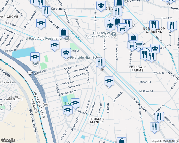 map of restaurants, bars, coffee shops, grocery stores, and more near 120 Mccarthy Avenue in El Paso