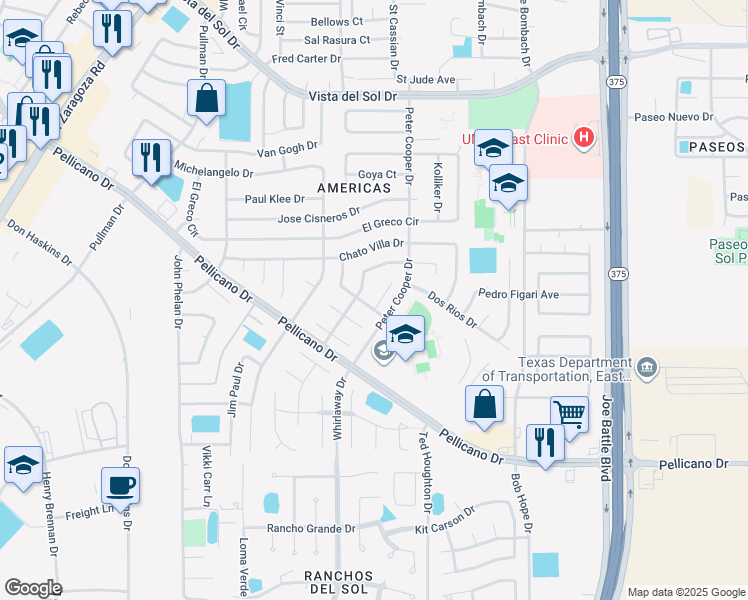 map of restaurants, bars, coffee shops, grocery stores, and more near 1452 Missy Yvette Drive in El Paso