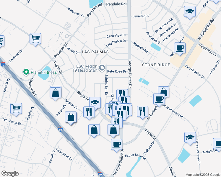 map of restaurants, bars, coffee shops, grocery stores, and more near 1360 Sabrina Lyn Drive in El Paso