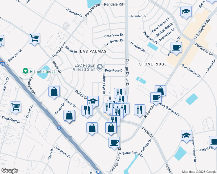 map of restaurants, bars, coffee shops, grocery stores, and more near 1360 Sabrina Lyn Drive in El Paso