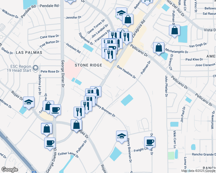 map of restaurants, bars, coffee shops, grocery stores, and more near 1388 North Zaragoza Road in El Paso
