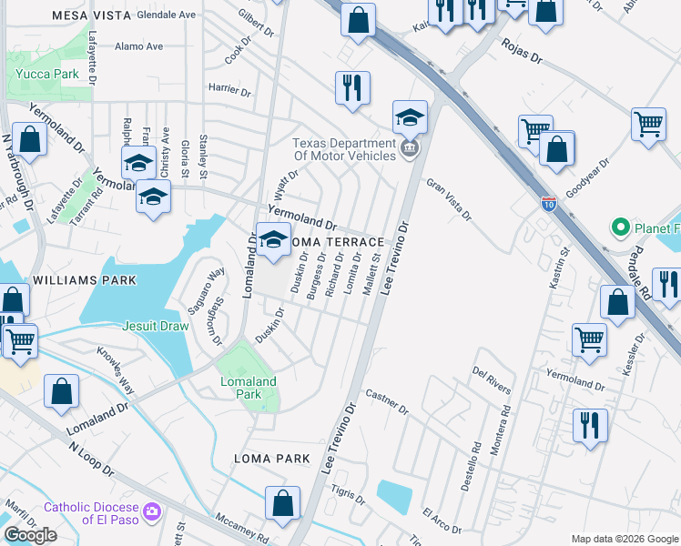 map of restaurants, bars, coffee shops, grocery stores, and more near 933 Richard Drive in El Paso