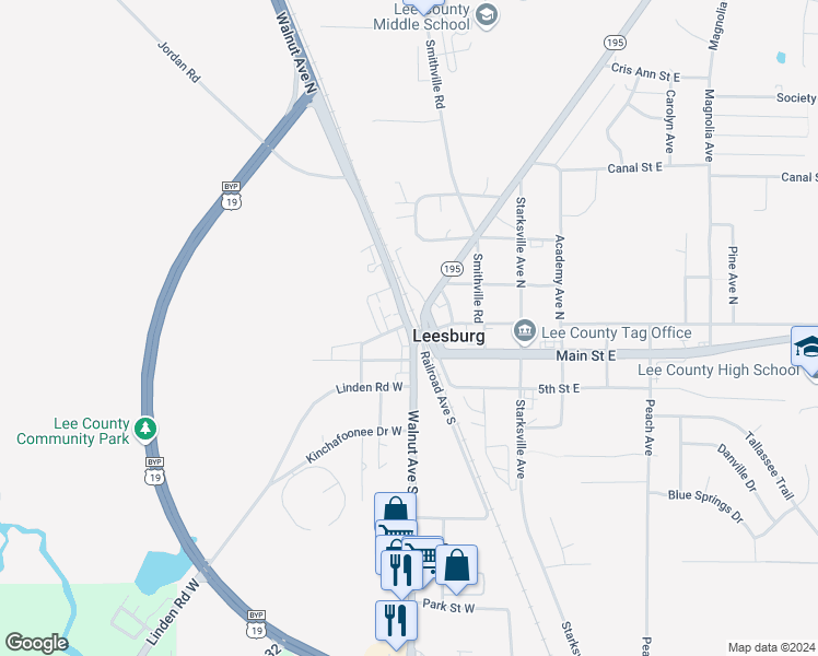 map of restaurants, bars, coffee shops, grocery stores, and more near 106 Walnut Avenue North in Leesburg
