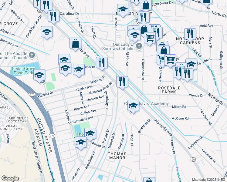 map of restaurants, bars, coffee shops, grocery stores, and more near 120 Mccarthy Avenue in El Paso