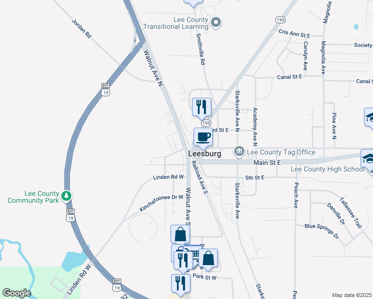 map of restaurants, bars, coffee shops, grocery stores, and more near 106 Walnut Avenue North in Leesburg
