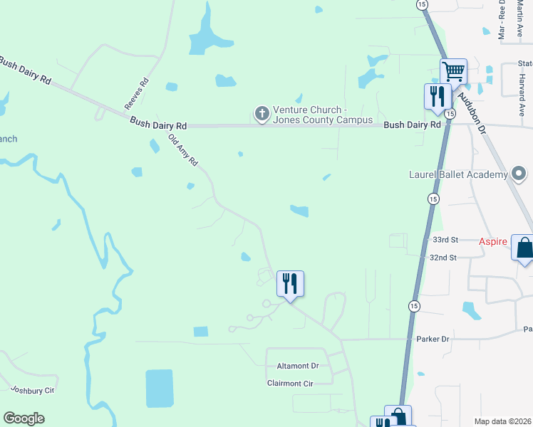 map of restaurants, bars, coffee shops, grocery stores, and more near Old Amy Road in Laurel