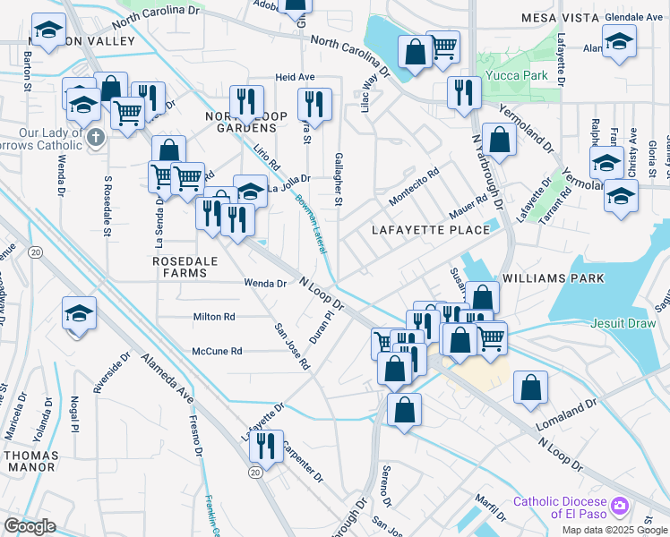 map of restaurants, bars, coffee shops, grocery stores, and more near 413 Gallagher Street in El Paso