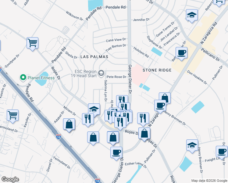 map of restaurants, bars, coffee shops, grocery stores, and more near 1380 Trudy Elaine Drive in El Paso