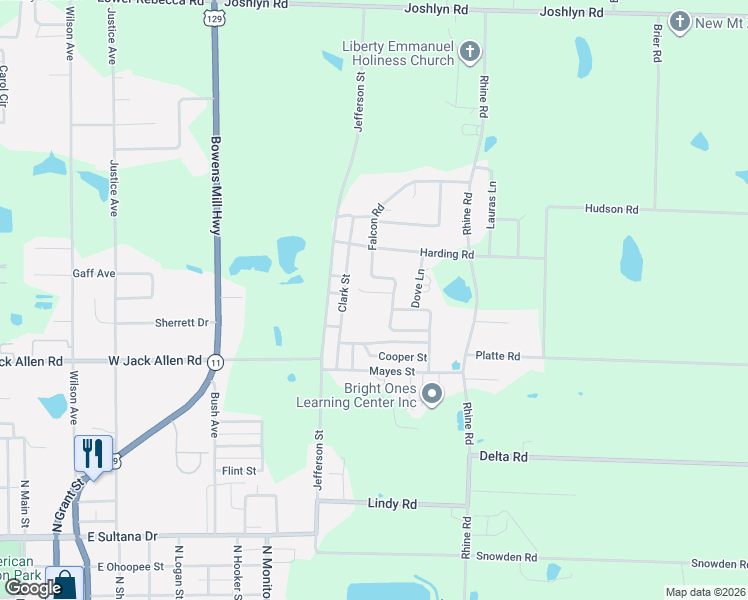 map of restaurants, bars, coffee shops, grocery stores, and more near 110 Hummingbird Court in Fitzgerald